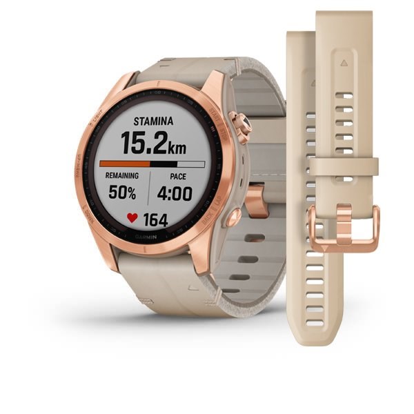 Billede af GARMIN - Fenix 7S Sapphire Solar m. rosaguld titanium & læderrem