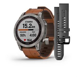 1 GARMIN - Fenix 7S Sapphire Solar titanium & brun læderrem