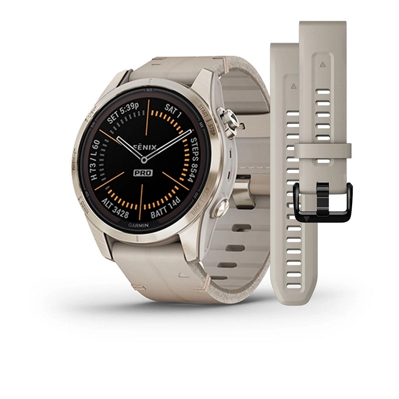 GARMIN - Fenix 7S Pro Sapphire Solar m. soft gold & limestone læderrem