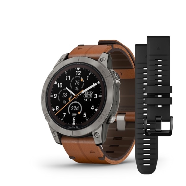 Billede af GARMIN - Fenix 7 PRO Sapphire Solar i titanum med Chestnut læderrem