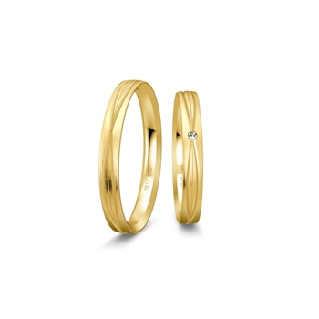 Breuning vielsesringe i 8 eller 14 karat guld med silkemat overflade og 0,02 ct brillant i dameringen.
