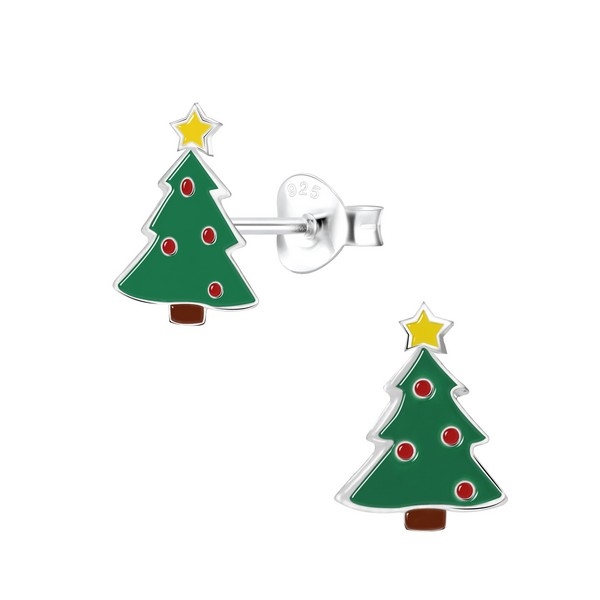 juleøreringe - Juletræer i sølv med emalje og julekugler
