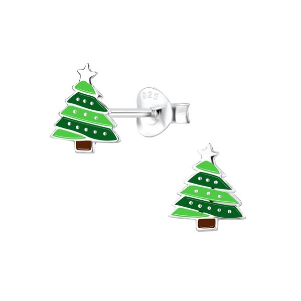 juleøreringe - Juletræ i sølv med emalje og julekugler