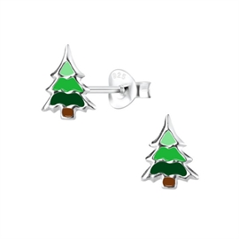 juleøreringe - Juletræ i sølv med grøn emalje