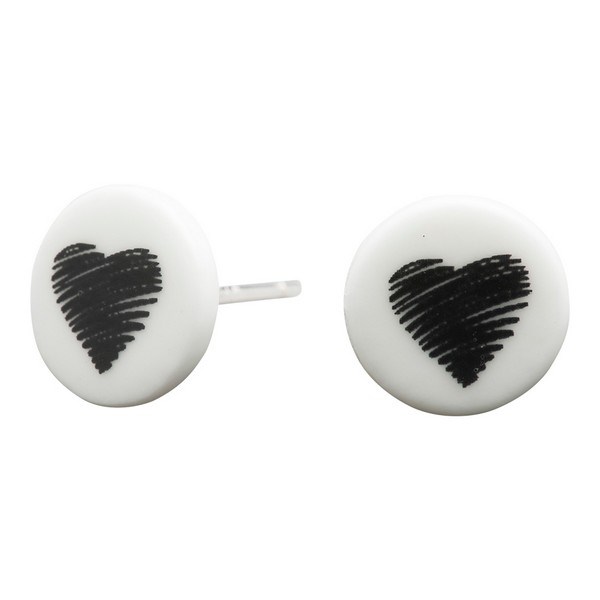 Hvide porcelæn øreringe med sort hjerte - 30990200900