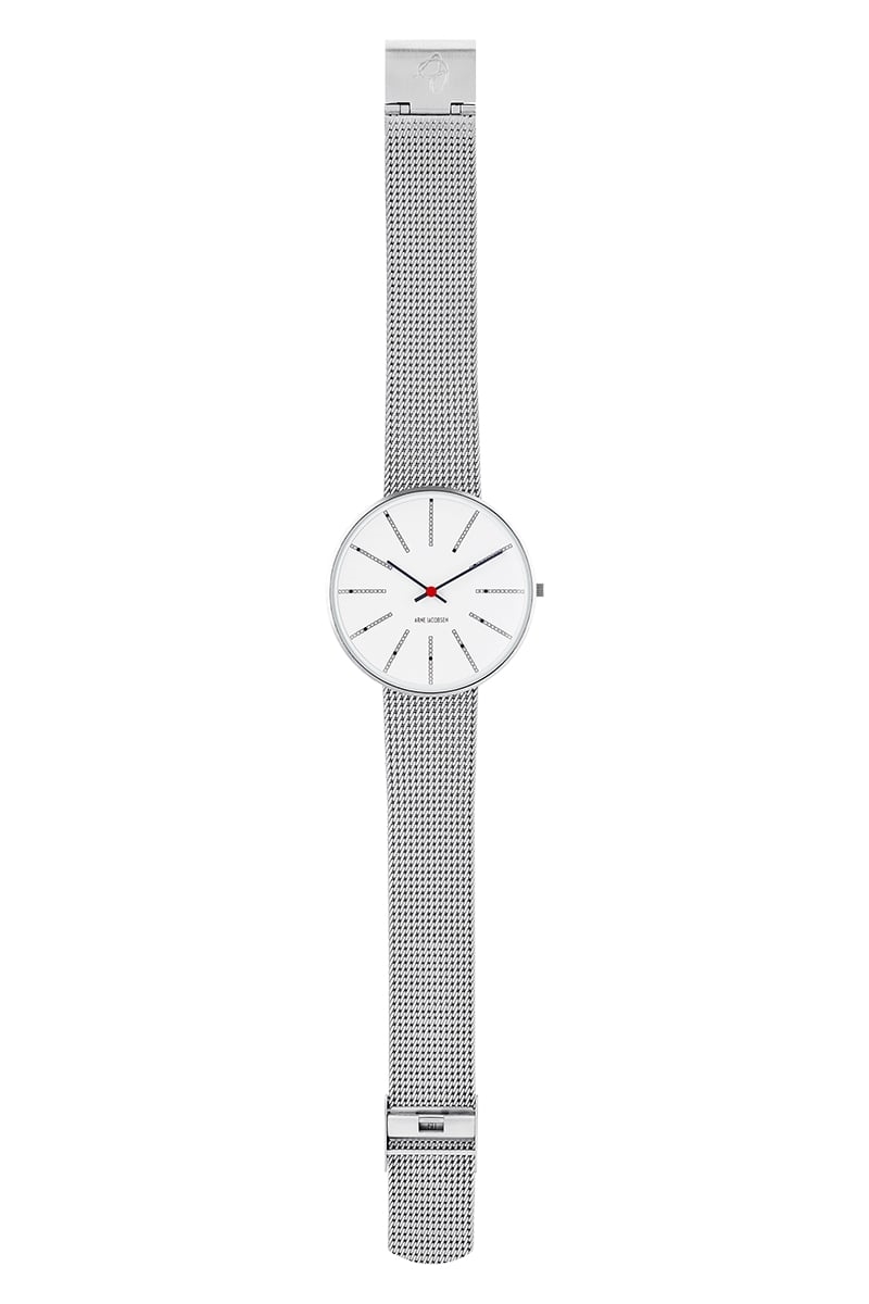 Arne Jacobsen - Bankers Ur - Ø40 - Hvid skive, stål mesh lænke