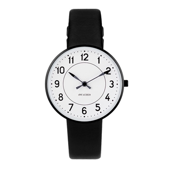 Arne Jacobsen - Station Ur m. hvid skive og læderrem
