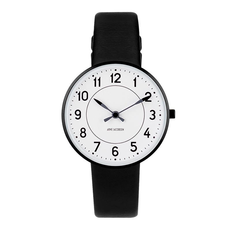 Arne Jacobsen - Station Ur m. hvid skive og læderrem