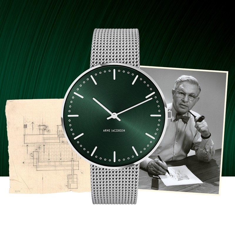Arne Jacobsen - City Hall ur med grøn urskive og mesh lænke