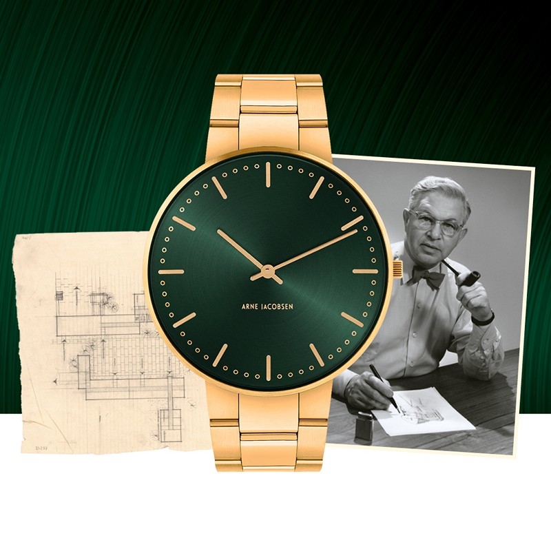 Arne Jacobsen - City Hall ur med grøn urskive og guld lænke
