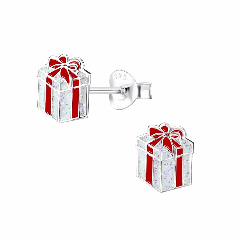 Juleøreringe - Øreringe i sølv med julegave og rødt bånd
