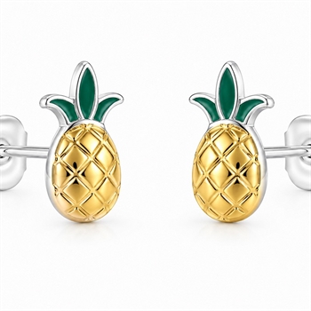 Sølv/forgyldt børneøreringe ananas med ægte emalje 