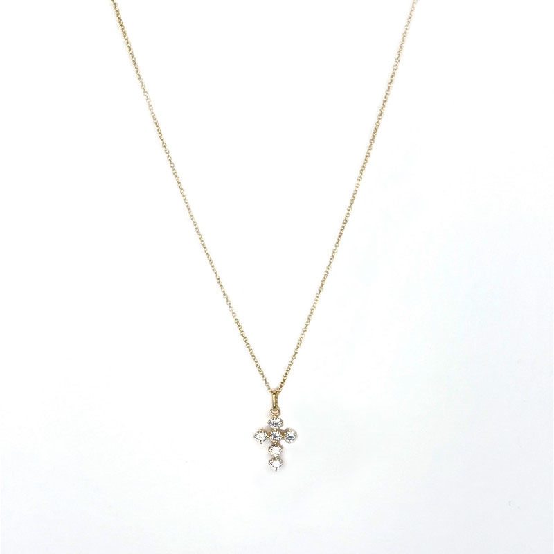 Lille kors vedhæng i 8 kt guld med klare zirkonia og fin kæde
