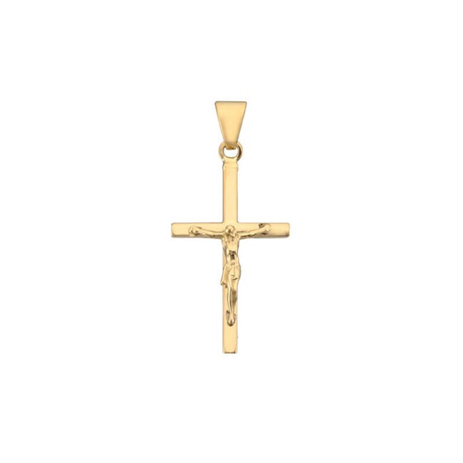 Lille stolpe kors vedhæng med Jesus i 8-14 kt guld.