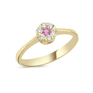Flora Diamantring - 14 kt guld m pink safir og diamanter i alt 0,18ct.