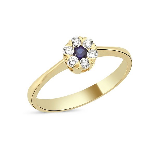 Flora Diamantring - 14 kt guld m blå safir og diamanter i alt 0,18ct