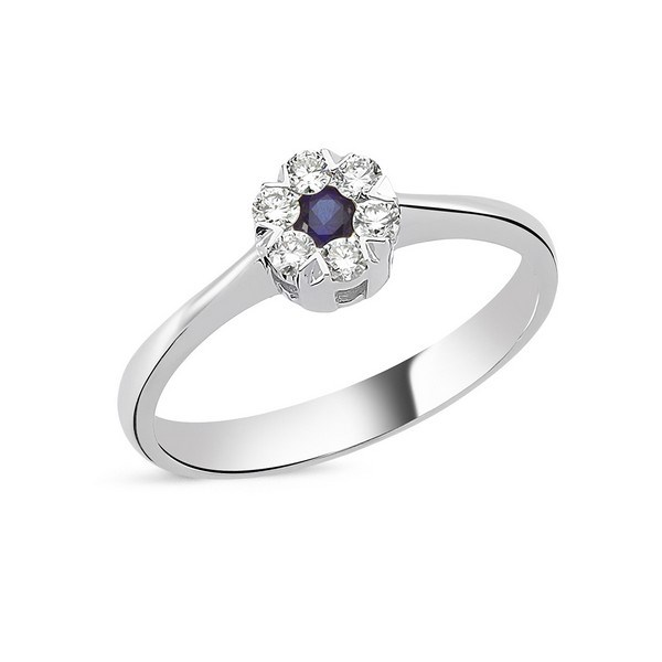 #3 - Flora Diamantring - 14 kt hvidguld m blå safir og diamanter i alt 0,18ct