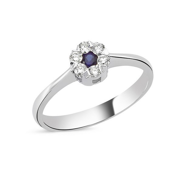 4: Flora Diamantring - 14 kt hvidguld m blå safir og diamanter i alt 0,18ct