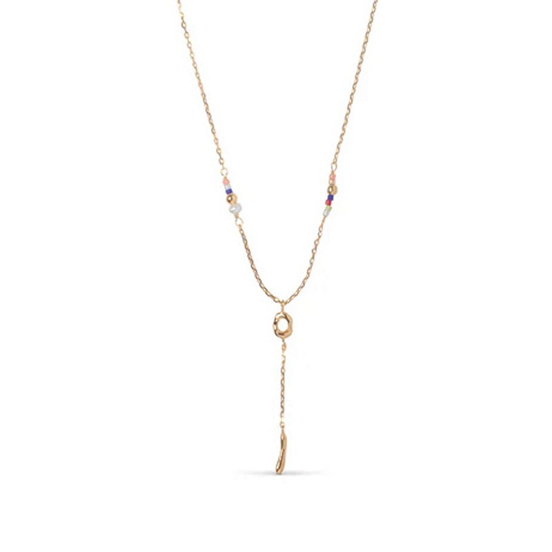 Enamel Dorothea Y-halskæde i forgyldt sølv med ferskvandsperler og farvede perler