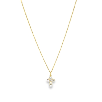 Kors vedhæng i 8kt guld med zirkonia og forgyldt sølv kæde 17 mm