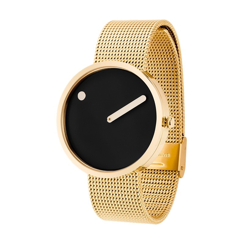 Lækkert nyt Picto ur med sort skive og mesh lænke i mat IP guld 2